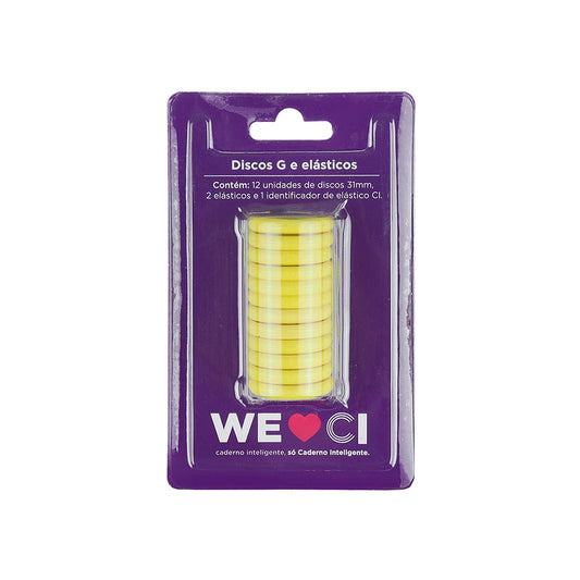 Discos e elástico amarelo cerrado para o Caderno Inteligente