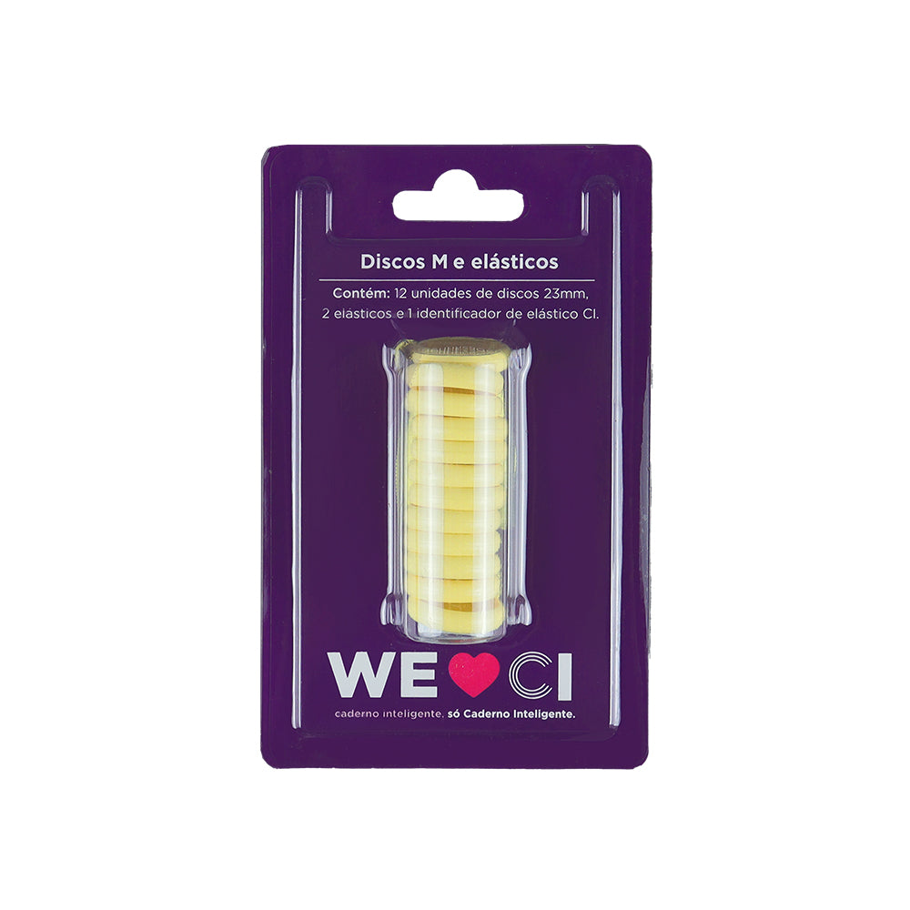 Discos e elástico amarelo cerrado para o Caderno Inteligente