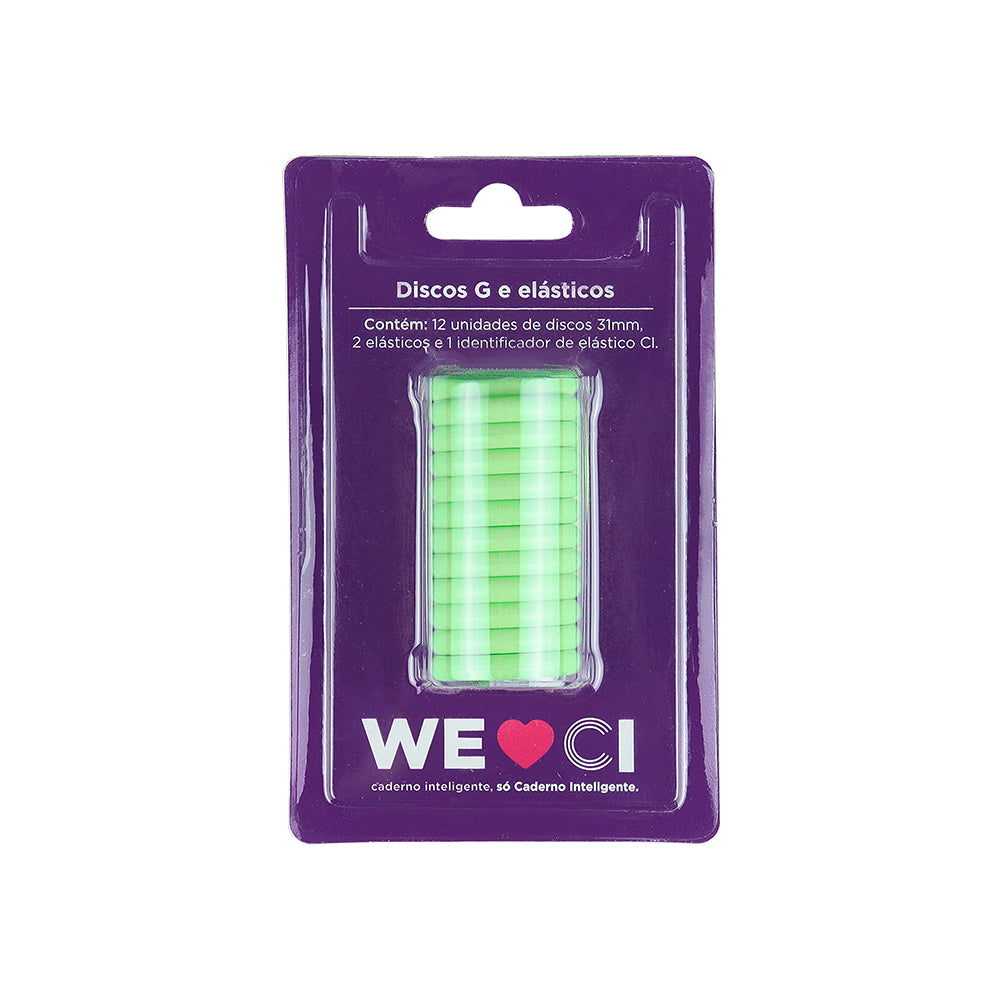 Discos e elástico verde amazónico para o Caderno Inteligente G Embalagem Frente