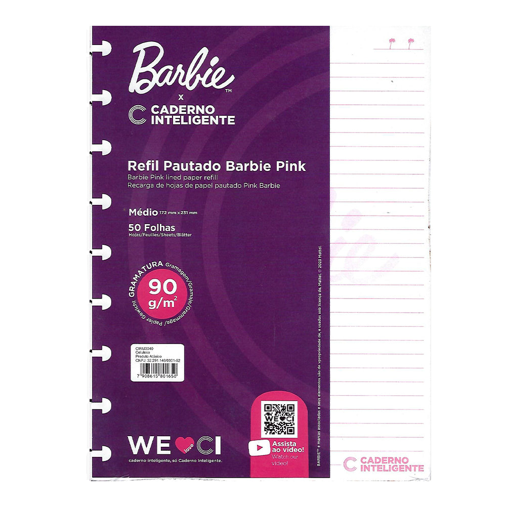 Folhas Pautadas 90g BARBIE™ Pink para Caderno Inteligente Médio (Planner) Embalagem Frente
