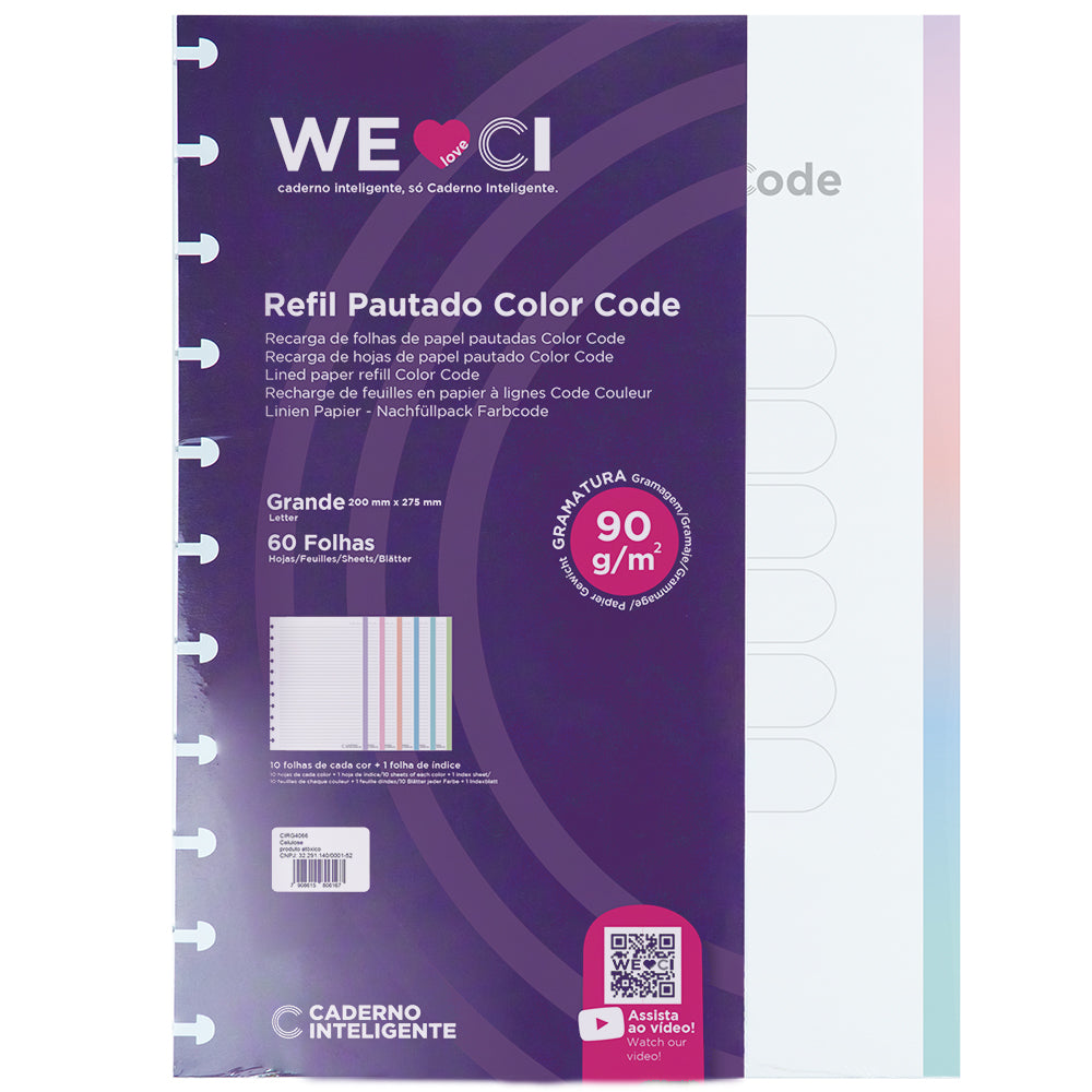 Folhas Pautadas Colorcode 90g para Caderno Inteligente Grande Embalagem Frente