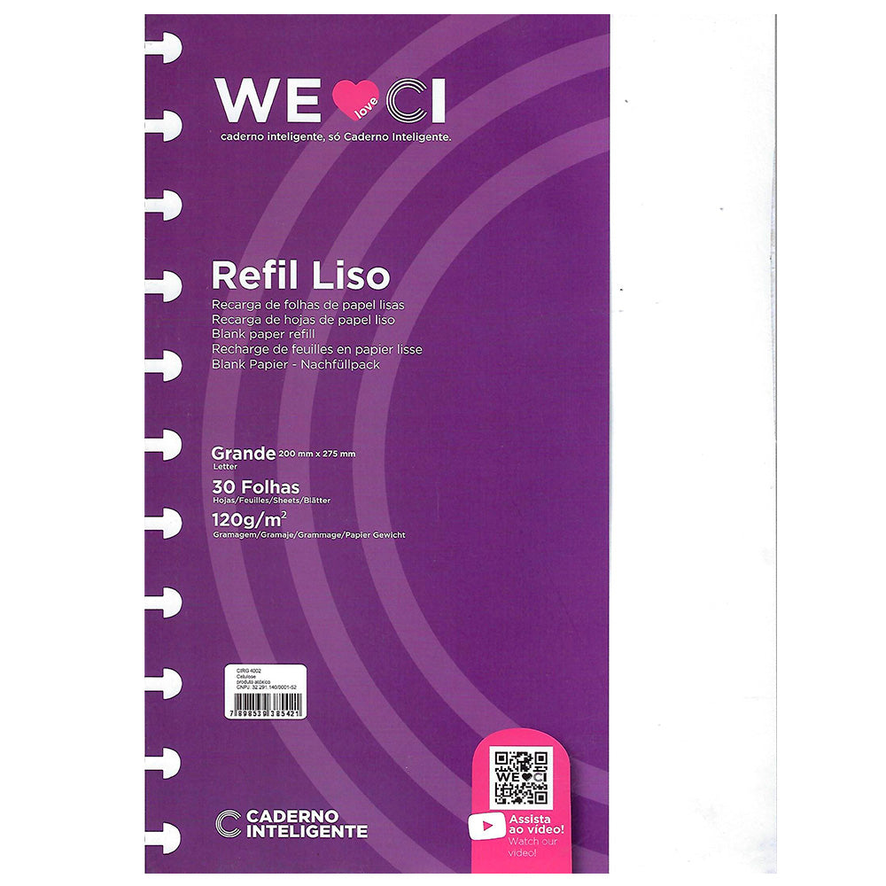 Folhas lisas brancas 120g para Caderno Inteligente Grande Embalagem Frente
