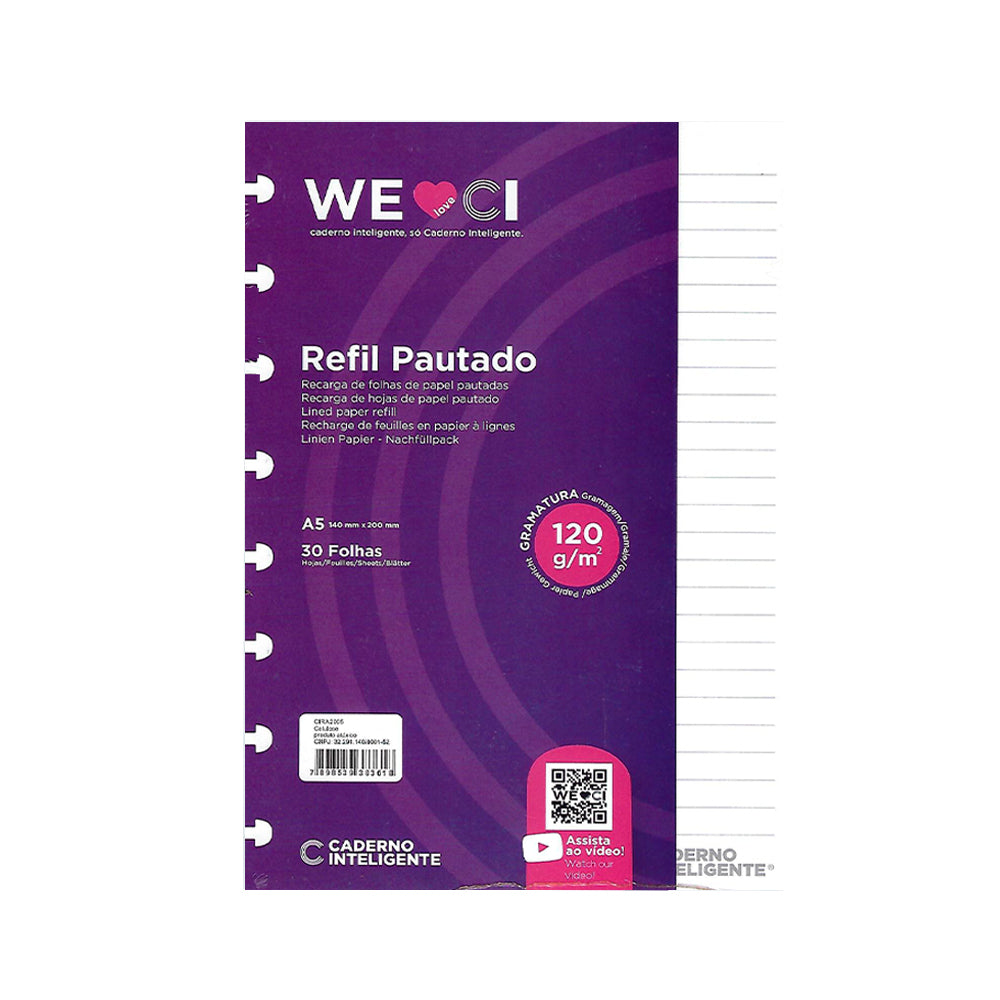 Folhas pautadas brancas 120g para Caderno Inteligente A5 Embalagem Frente
