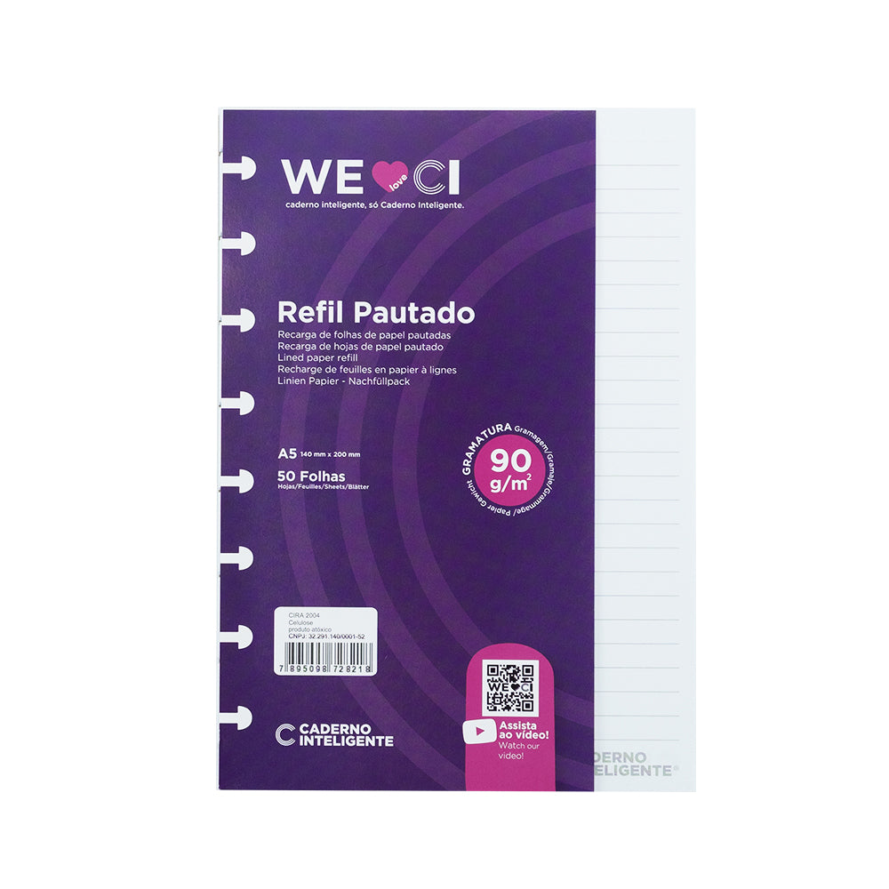 Folhas pautadas brancas 90g para Caderno Inteligente A5 Embalagem Frente