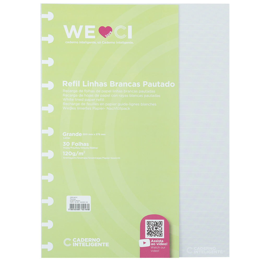 Folhas linhas brancas pautado 120g para Caderno Inteligente Grande Embalagem Frente