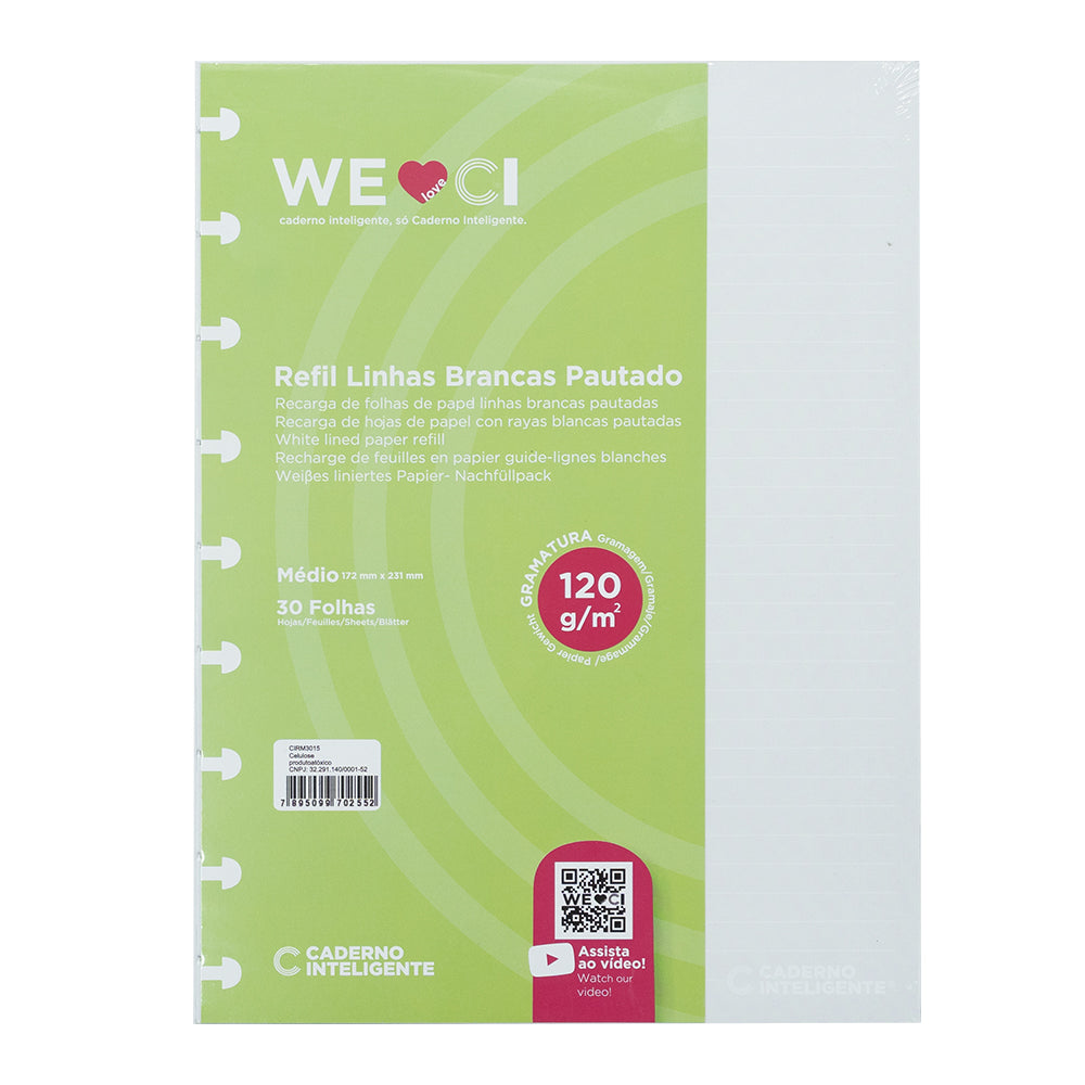 Folhas linhas brancas pautado 120g para Caderno Inteligente Médio (Planner) Interior