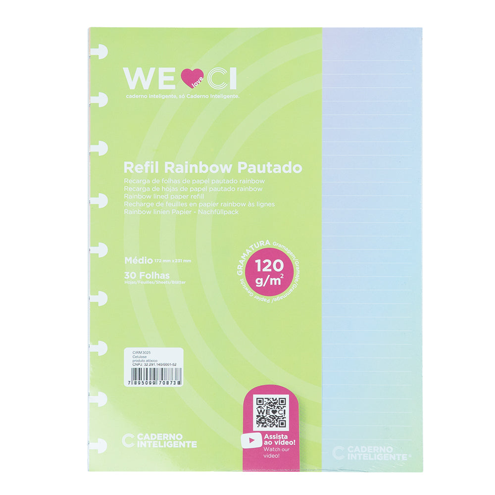 Folhas linhas brancas pautado Rainbow 120g para Caderno Inteligente Médio (Planner) Interior