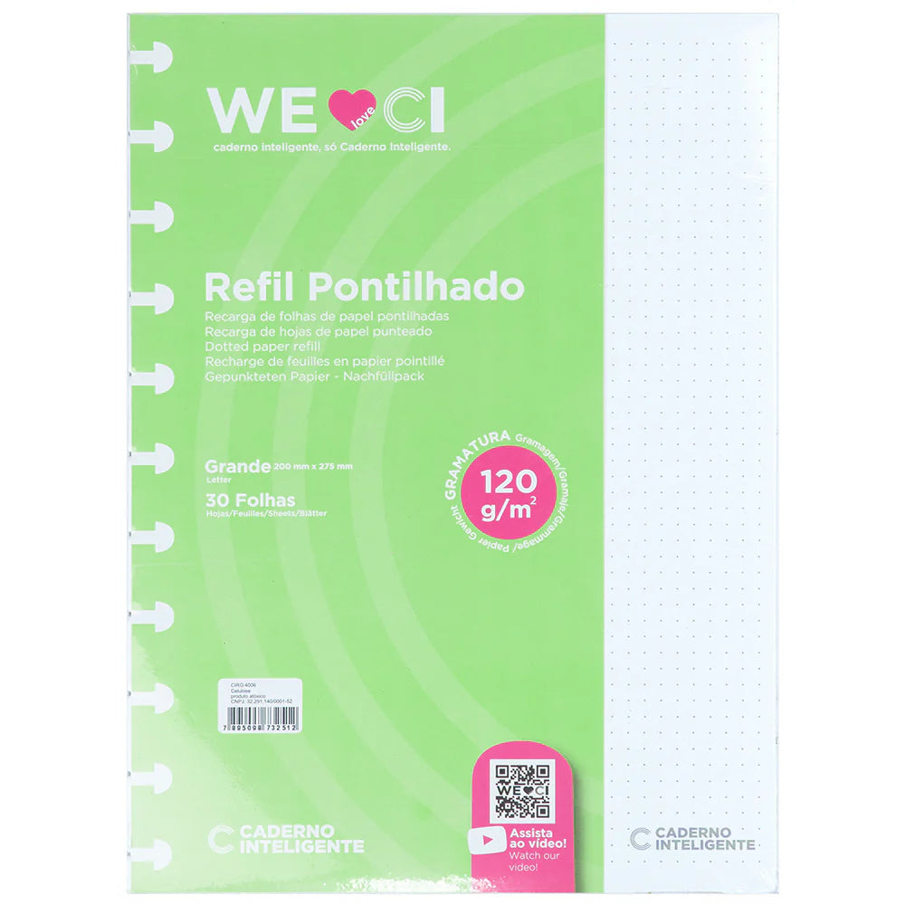 Folhas pontilhadas brancas 120g para Caderno Inteligente Grande Embalagem Frente