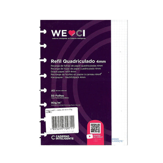 Folhas quadriculadas 4x4mm 90g para Caderno Inteligente A5 Embalagem Frente