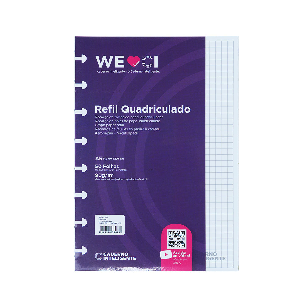 Folhas quadriculadas brancas 90g para Caderno Inteligente A5 Embalagem Frente