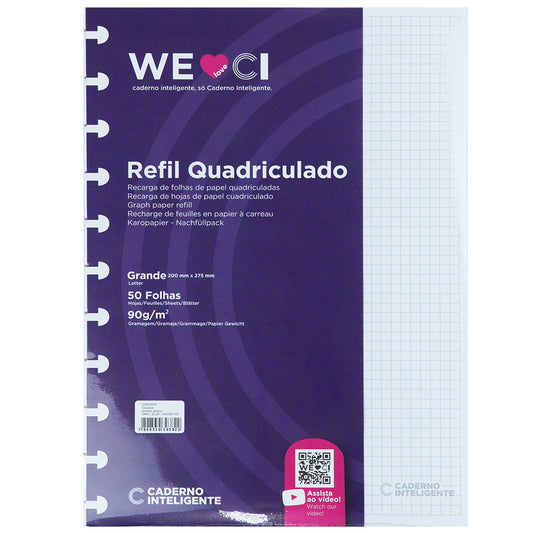 Folhas quadriculadas brancas 90g para Caderno Inteligente Grande Embalagem Frente